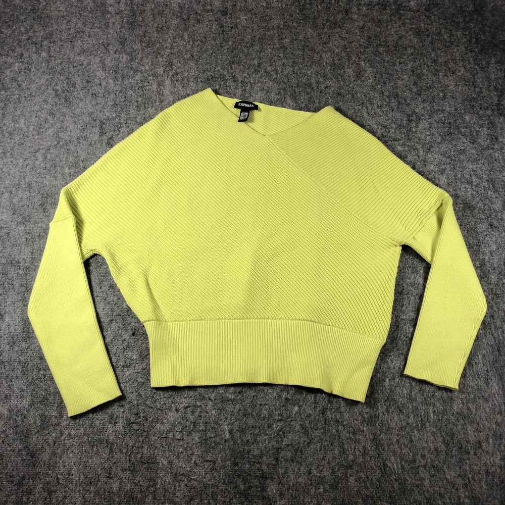 Express Sweater Womens Large Green Asymmetrical Boat Neck Ribbed Knit Pullover